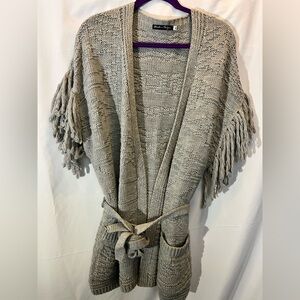 Fringed Knit Poncho Sweater - Gray